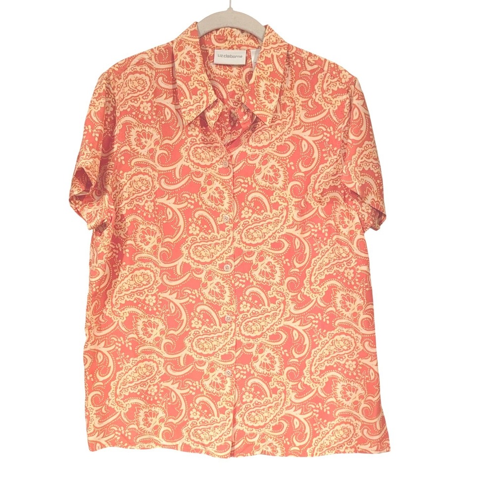 Liz Claiborne Silk Blouse M Coral Orange Paisley Short Sleeve Button Down M